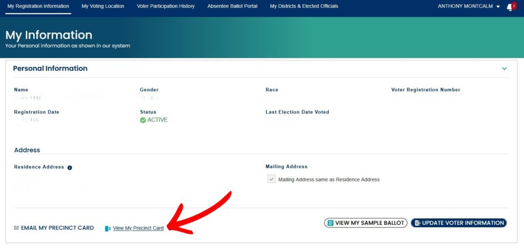 Screenshot of My Voter Page with arrow indicating where to click to access your voter registration card