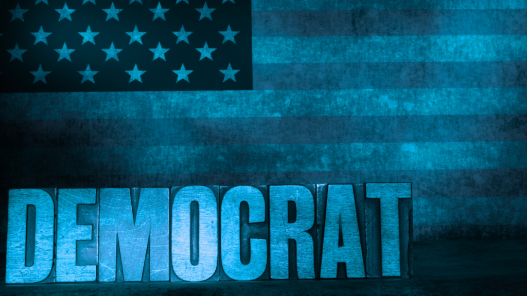 Header image with American flag and the word Democrat